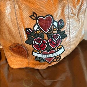 Gucci Snake Skin Leather Tote with Red Rose and Heart Motif